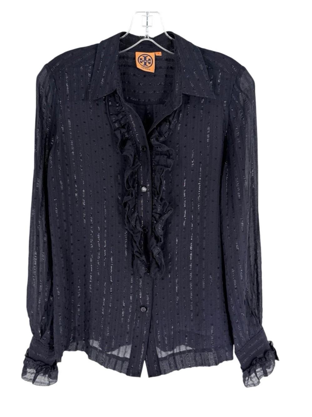 Tory Burch Ruffle Blouse Womens Size 6 Navy Shimmer Sheer Button Up Shirt